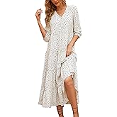Beautiful Nomad Women's Casual V Neck Boho Dress Puff Sleeve High Waist Floral Smocked Flowy Ruffle Midi Dresses