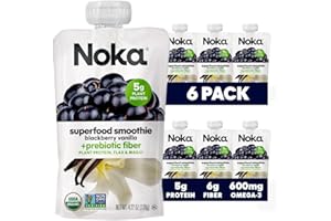 Noka Superfood Fruit Smoothie Pouches, Blackberry Vanilla, Healthy Snacks with Flax Seed, Plant Protein and Prebiotic Fiber, Vegan and Gluten Free Snacks, Organic Squeeze Pouch, 4.22 oz, 6 Count