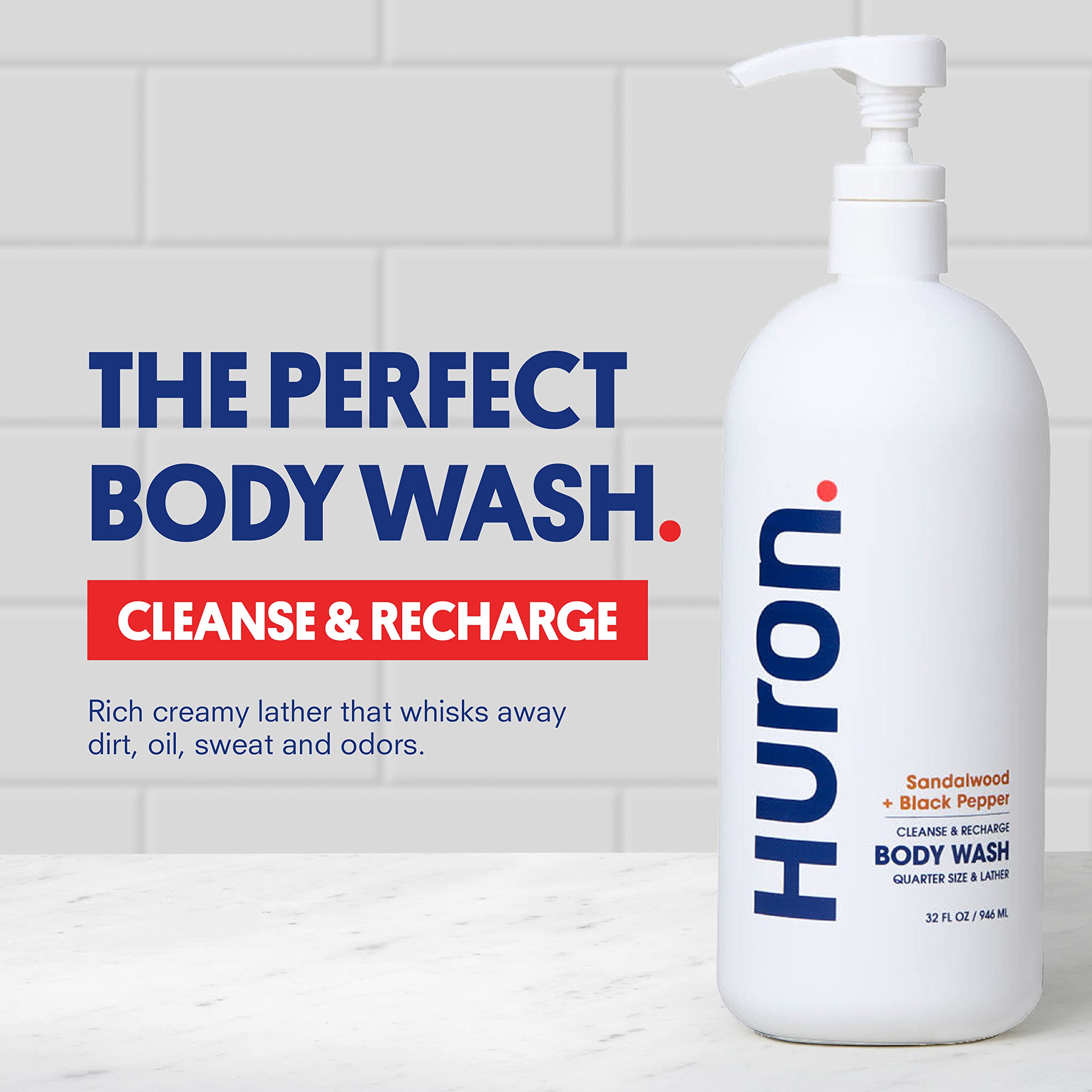 Huron Men’s Moisturizing Body Wash - Clean & Woody Scent of Sandalwood, Black Pepper, Cedarwood, & Amber - Made With Coconut Oil, Vitamin E & Witch Hazel - Vegan, Cruelty-Free - 30.3 fl oz