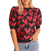 Saodimallsu Womens Puff Short Sleeve Heart Sweater Valentines Crew Neck Graphic Knit Pullover Crop Tops