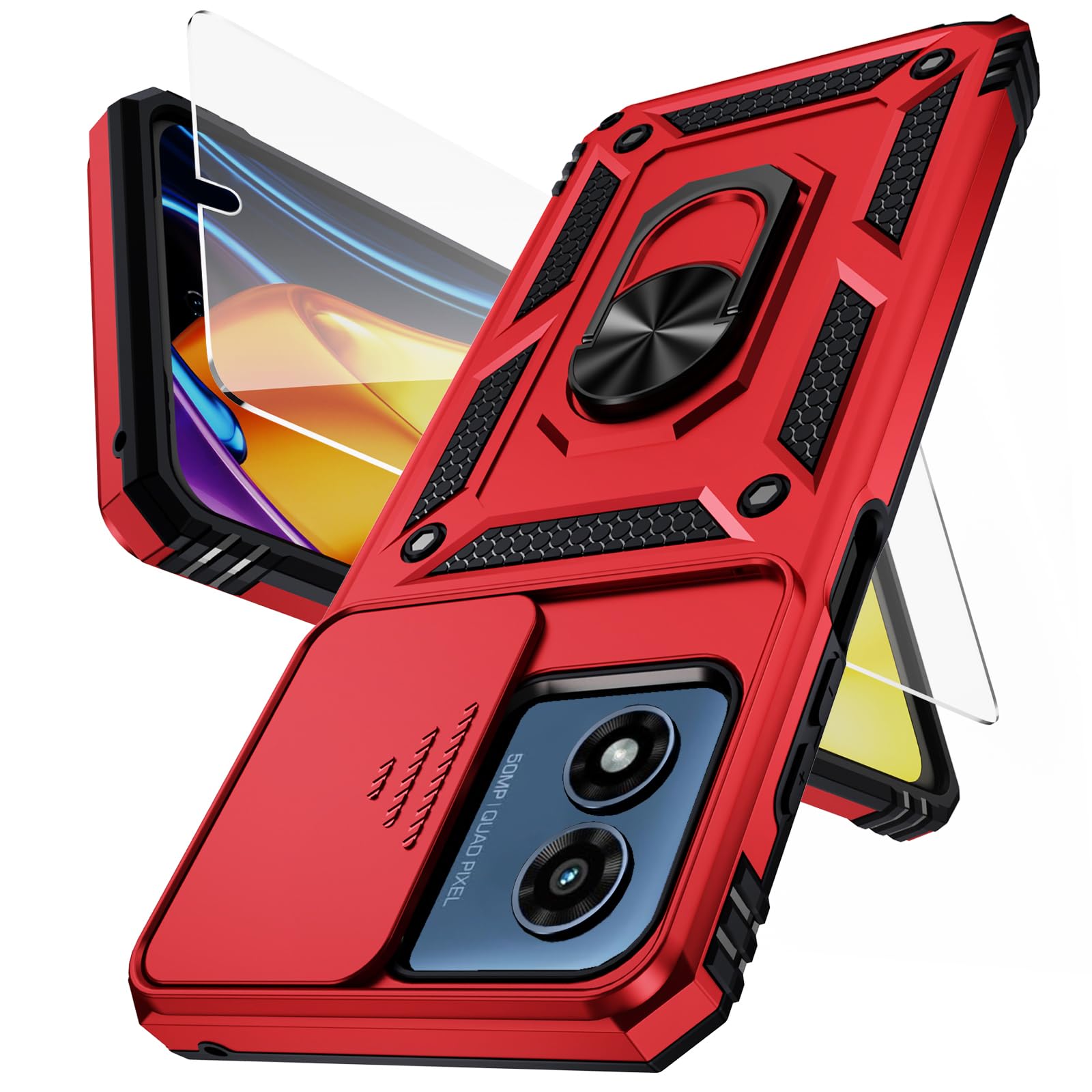 Weycolor for Moto G Play 2024 Case with Camera Lens Cover HD Screen Protector, 10 FT Military Grade Drop Protection, Magnetic Ring Holder Kickstand Protective Phone Case, Red