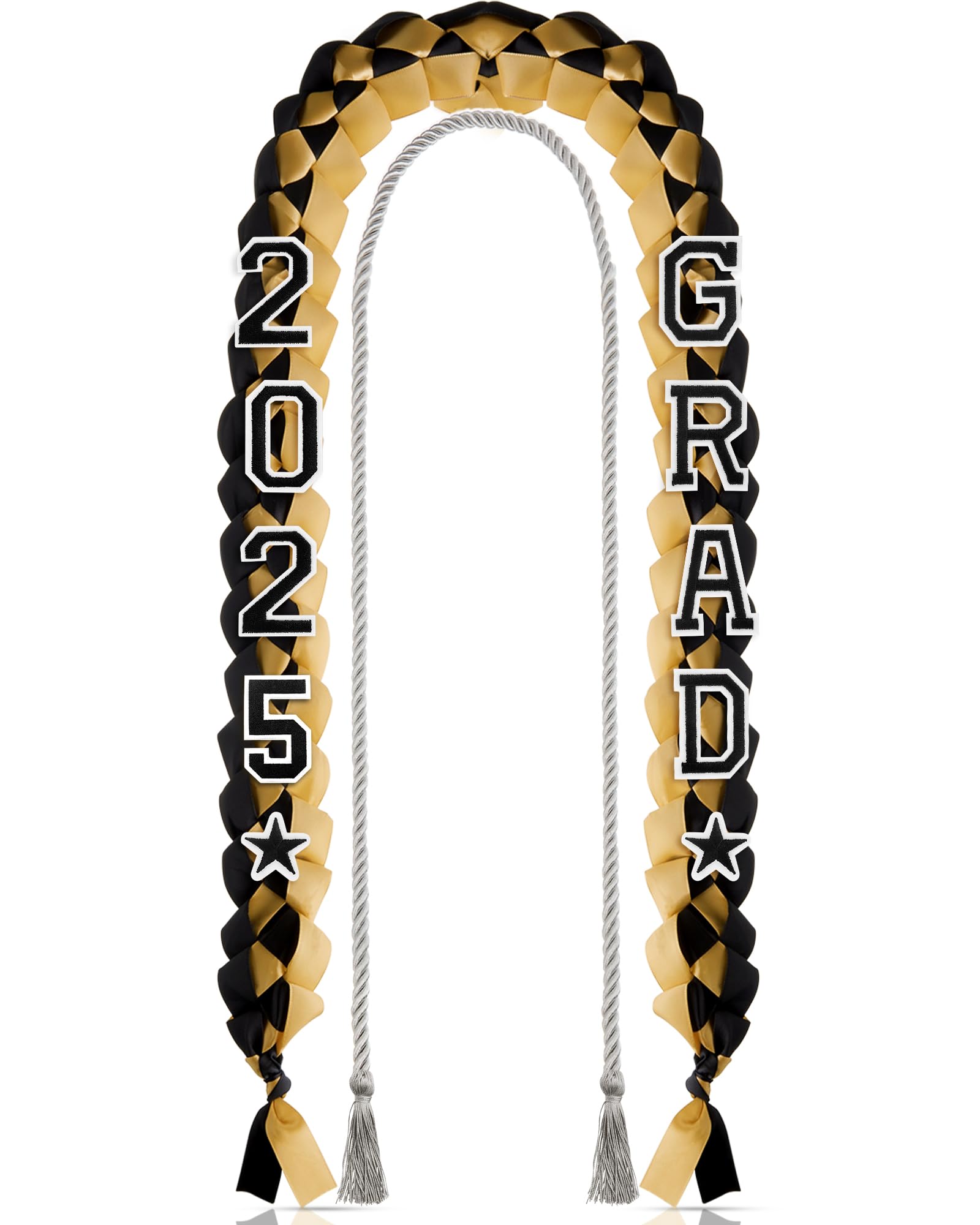 Photo 1 of Cindeer 2025 Graduation Ribbon Lei Set Handmade Braided Necklace Honor Cord with Tassel 2025 Grad Embroidery Patches for High School College Graduation Party Supplies(Black, Gold)
