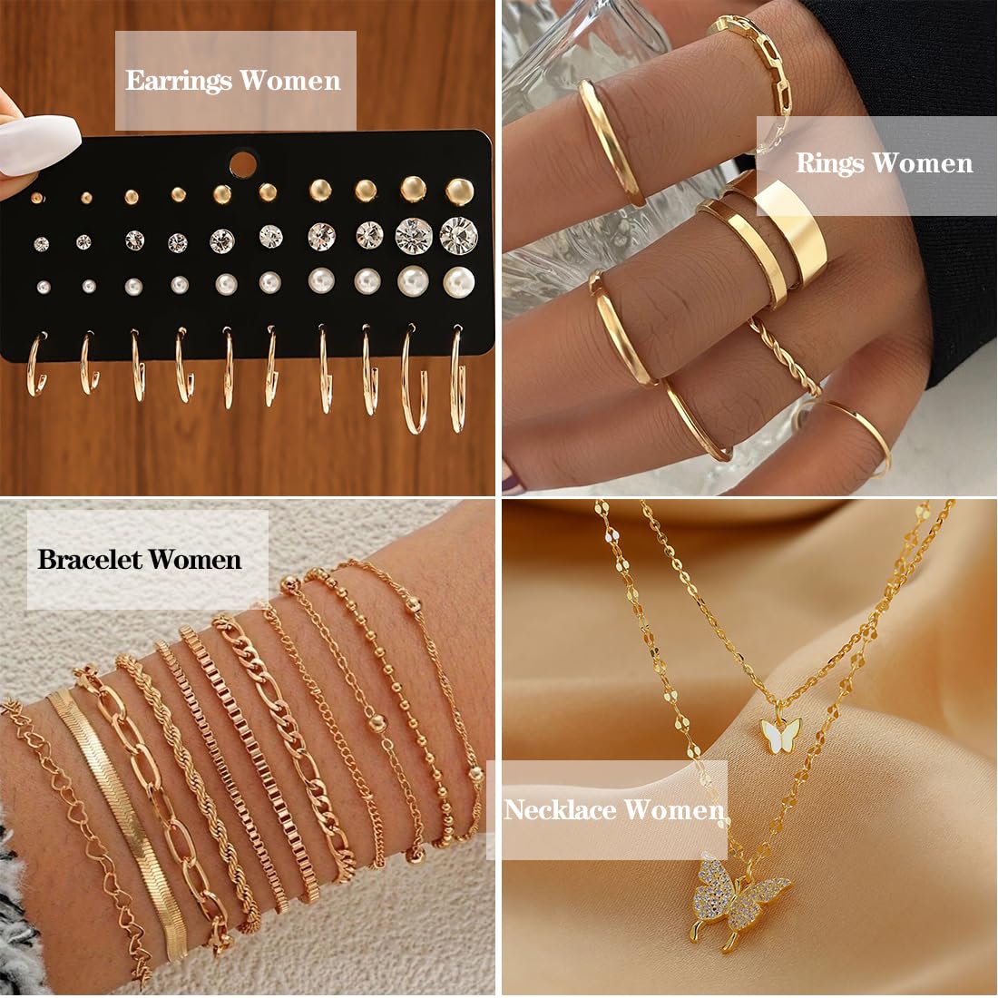 IFNODO 47pcs Gold Jewelry Set With 3 PCS Necklace, 11 PCS Bracelet,20pcs Hoop Stud Earrings,7pcs rings set For Women For Birthday Gifts