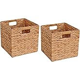Wicker Storage Basket Foldable Hyacinth Storage Box Set of 2, 12x12x12 Inch - Handmade Woven Basket for Closet,Shelf Organization & Decor