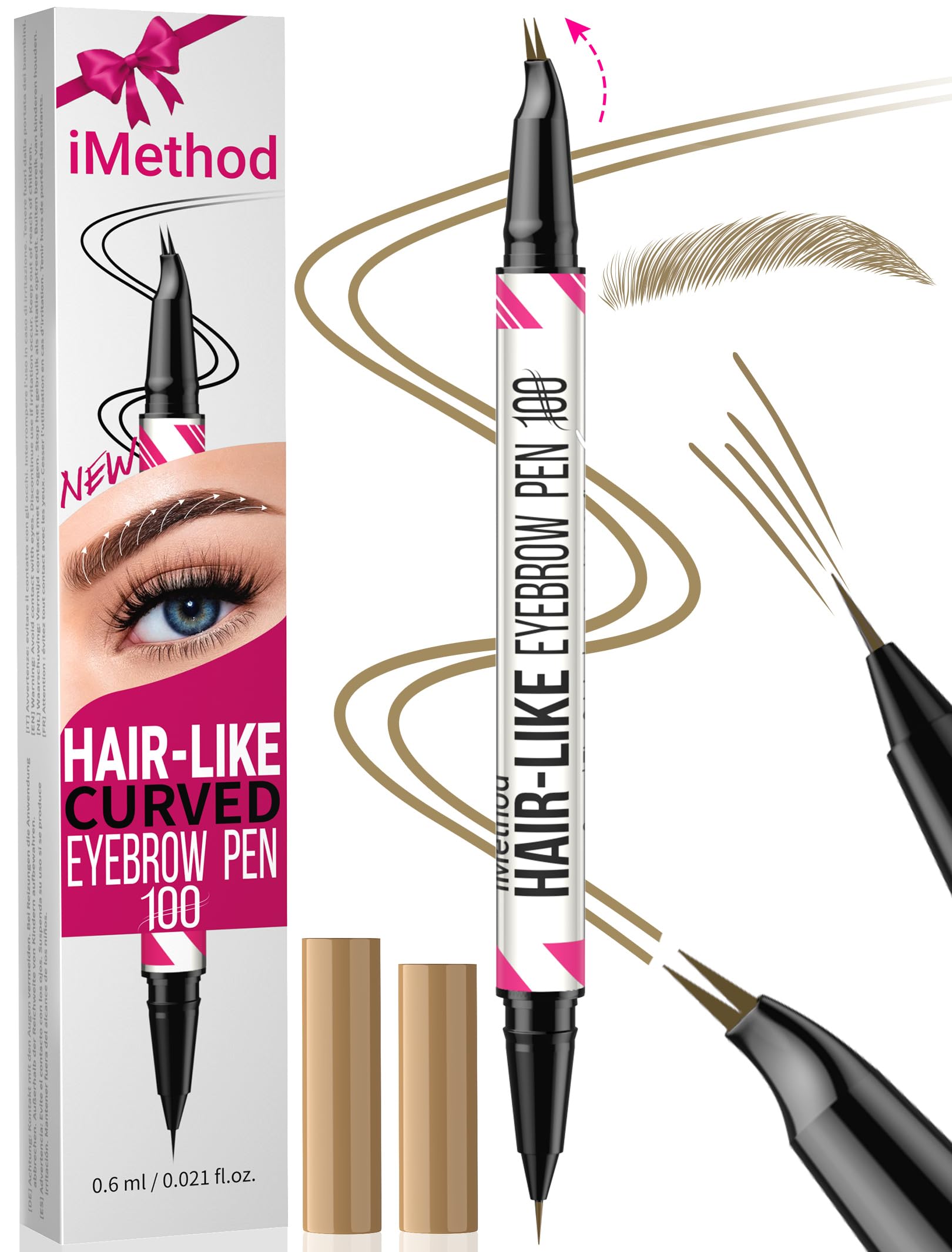 iMethod Curved Eyebrow Pen - Eyebrow Pencil, Brow Pencil 2-in-1 Dual-Ended Microblading Eyebrow Pen with Curved Tip and Precise Brush-Tip for Natural Hair-Like Brows, Last All-Day, Light Brown