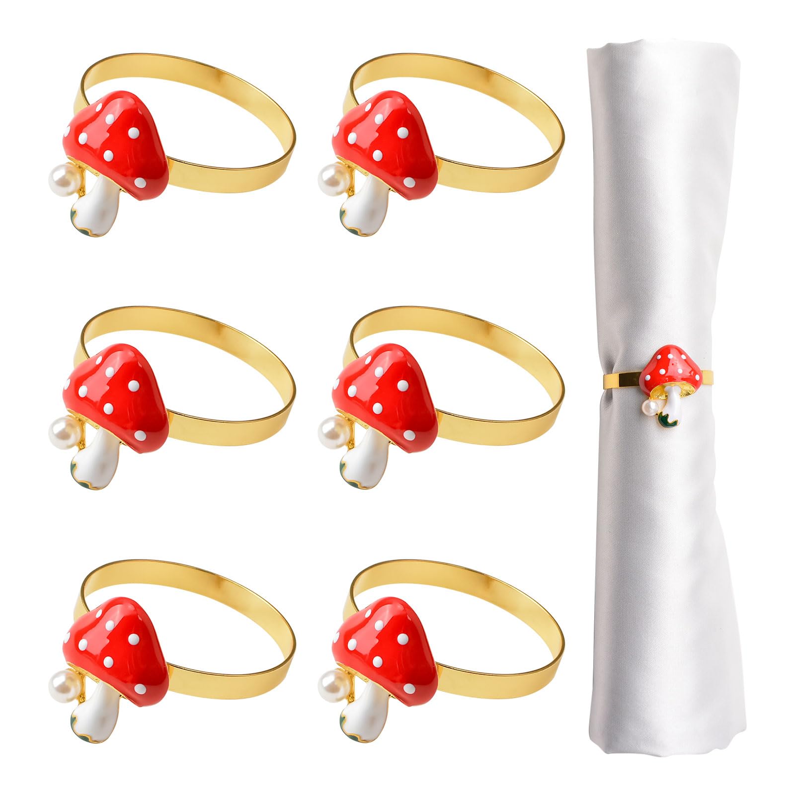 URROMA Red Mushroom Pearl Napkin Ring, 6pcs Napkin Holder Ring Elegant Napkin Rings Decor Metal Napkin Rings for Table Decoration Valentine Day Thanksgiving Christmas Anniversary Dinners