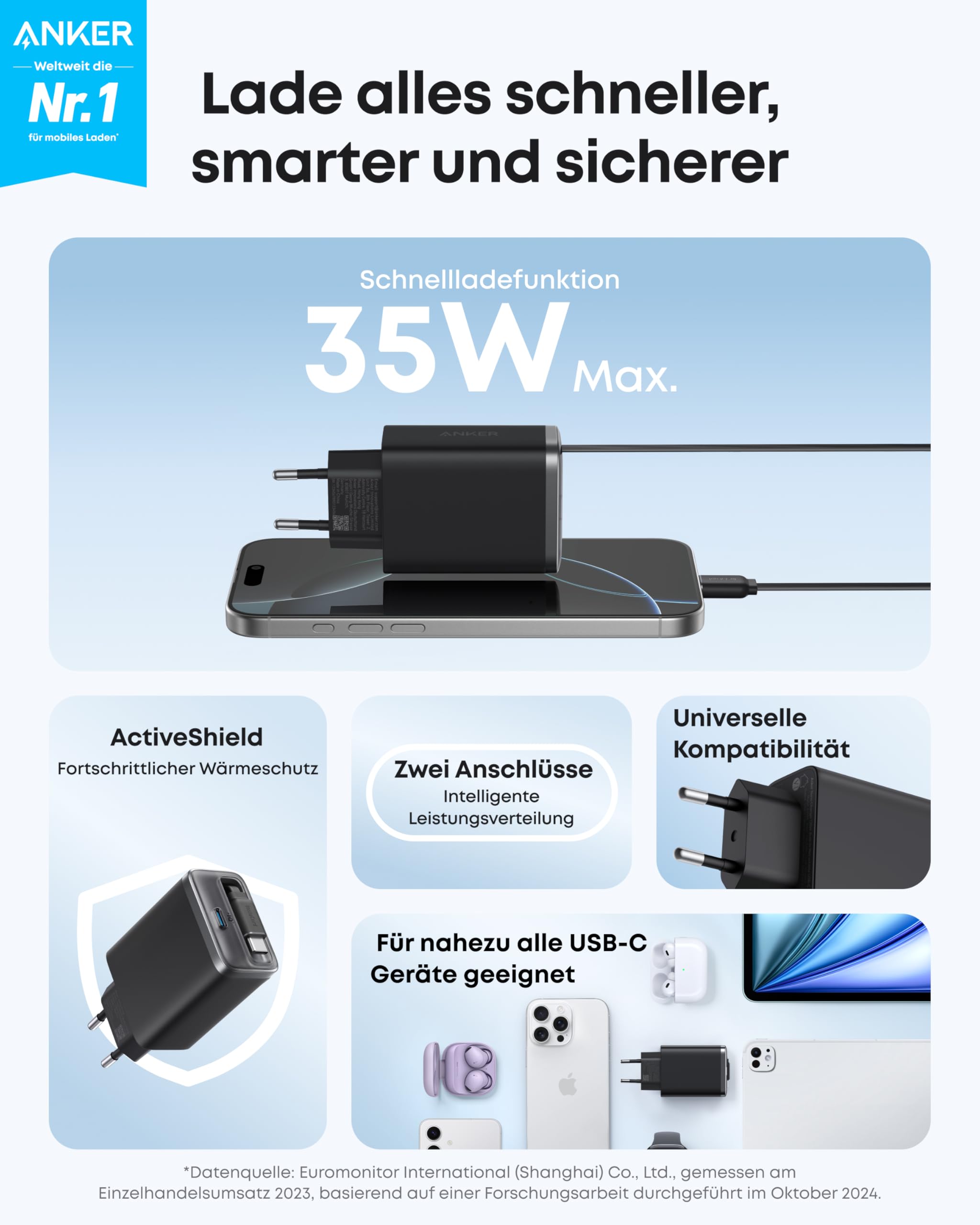 Anker Nano USB-C Ladegerät, 35W Max, kompaktes Netzteil, 2 Anschlüsse, Strapazierfähiges & integriertes Anker InstaCord-Kabel zum Ausziehen, Für iPhone 17/16/15 Serie, iPad, Pixel(Keine Powerbank) 2