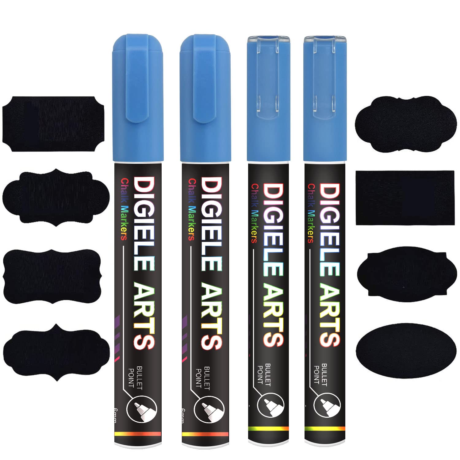 DIGIELE 2pcs 3mm & 6mm Blue Chalk Pens, Dry/Wet Wipe Erase, Reversible Bullet/Chisel Tip, Pack of 4 with 16 Labels