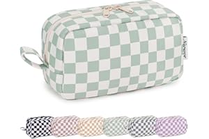 Narwey Checkered Makeup Bag Travel Cosmetic Bag Organizer Small Toiletry Bag Make Up Bags with Comparments for Women and Girls, Gift for Teen Girls (Mint Green Checkerboard, Large)