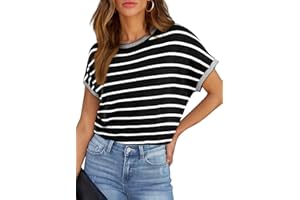 SHEWIN Women's Sweater Vest Casual Crew Neck Cap Short Sleeve Striped Knit Lightweight Pullover Sweaters T Shirt Tops