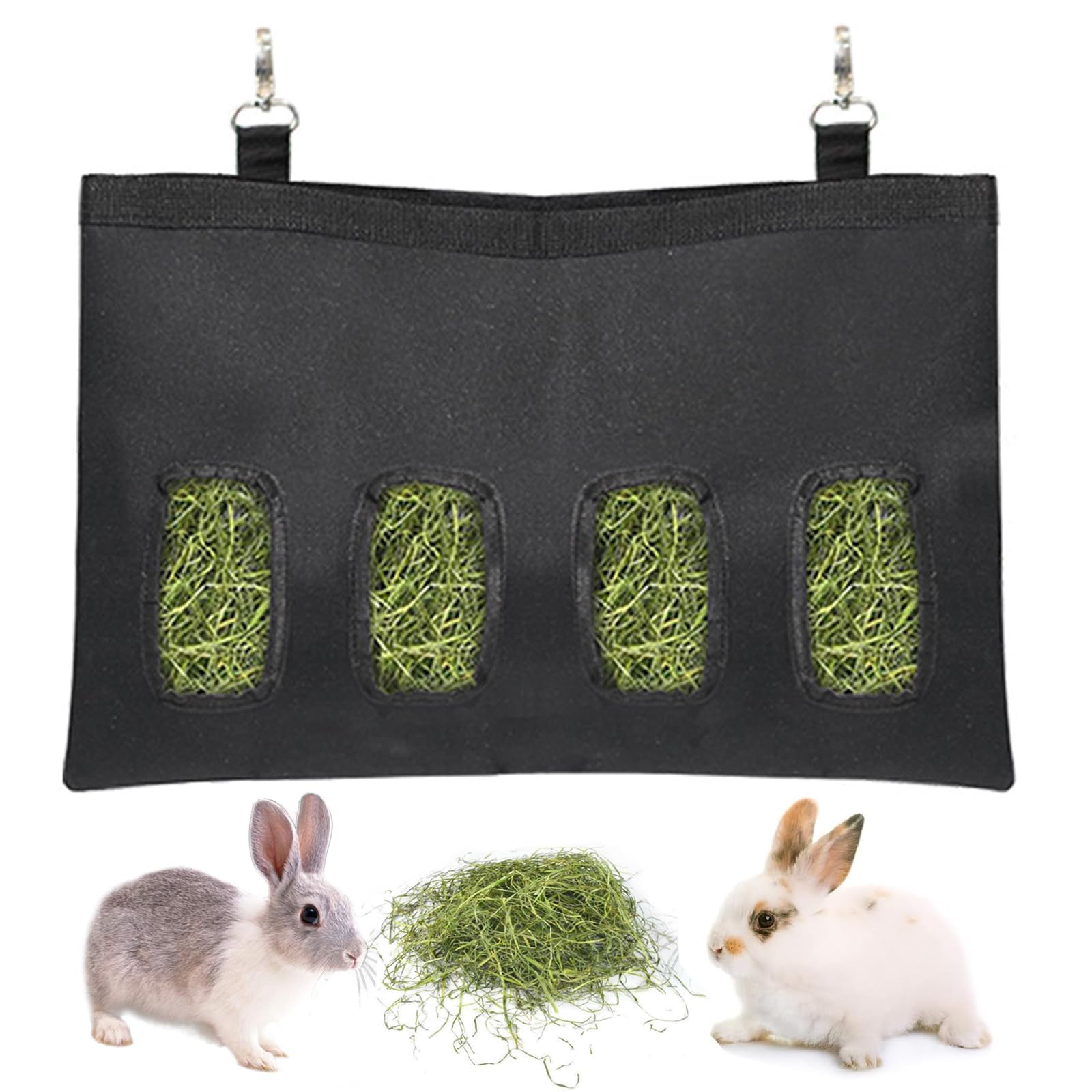 Rabbit Hanging Hay Feeder Bag, Guinea Pigs Hanging Hay Feeder Storage, Black Hanging Feeding Hay for Small Animal Bunny Chinchilla Hamster
