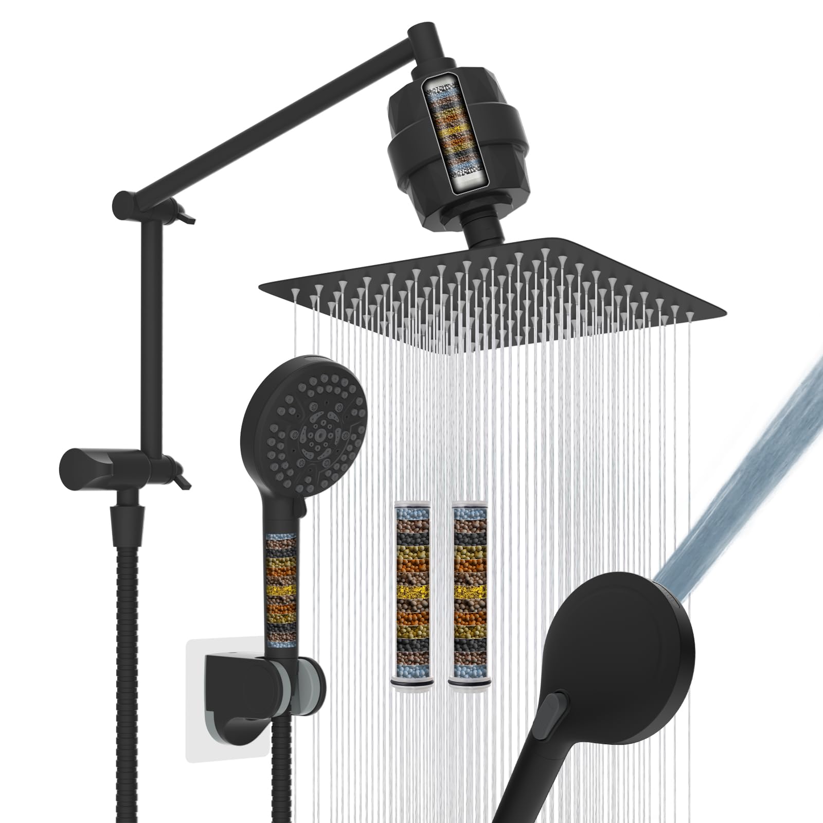 Photo 1 of iFealClear Metal Rain Filtered Shower Head, 10” High Pressure Rainfall Shower Head with Handheld Spray, 10 Mode Handheld Powerful Wash, 16" Adjustable Extension Arm, 2 Pack Shower Filters, Matte Black