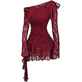 WDIRARA Women's Floral Lace Off The Shoulder Dress Ruched Long Sleeve Layered Ruffle Dresses
