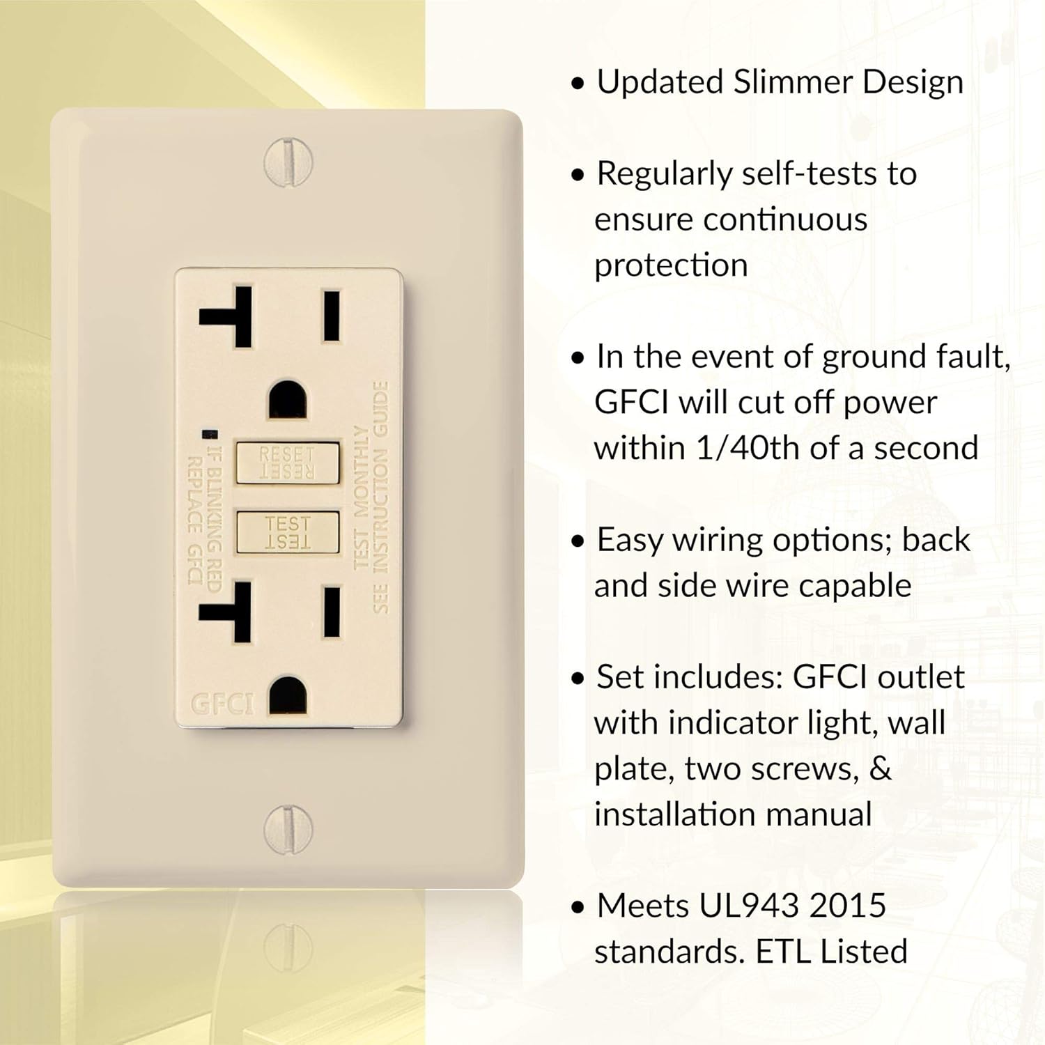 Faith 20A GFCI Outlet Slim, Non-Tamper-Resistant GFI Duplex Receptacles with LED Indicator, Self-Test Ground Fault Circuit Interrupter with Wall Plate, ETL Listed, Ivory - - 