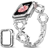 Mesime Compatible with Apple Watch Band 38mm 40mm 41mm 42mm 44mm 45mm 46mm, Women Bling Jewelry Bands with Tempered Glass Screen Protector Case, Shiny Strap for iWatch Series 11/10/9/8/7/6/5/4/3/2/1/SE