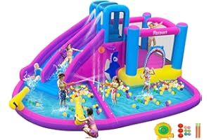 FBSPORT Inflatable Bounce House, 8 in 1 Kids Bouncy Castle with 2 Water Slides, 2 Water Gun, Basketball Shooting, Jumping and