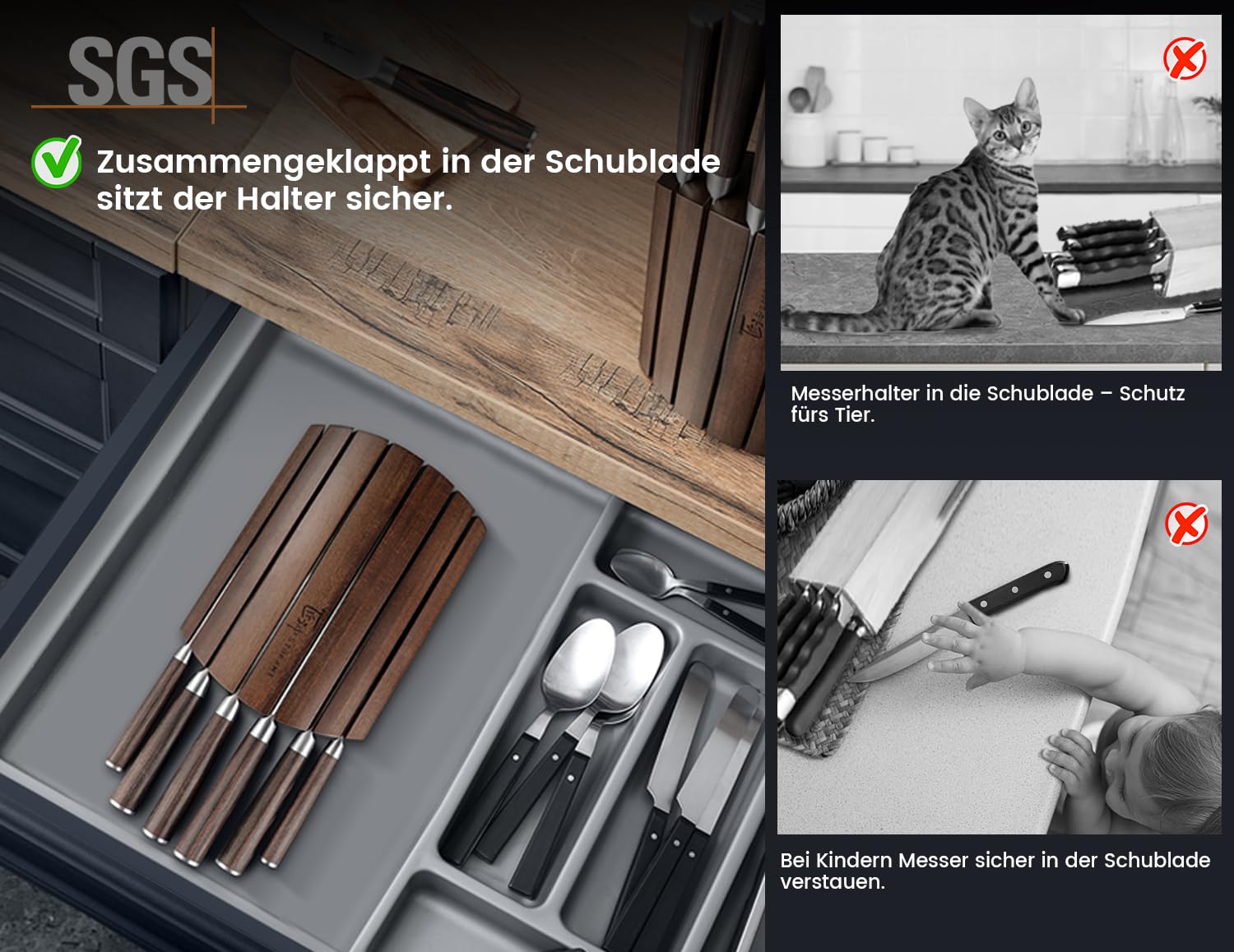 SYOKAMI Messerset 7-teiliges Küchenmesser-Set im japanischen Stil mit faltbarem magnetischem Akazienholzblock, scharfer Karbonstahl für die Küche mit rutschfestem ergonomischem Griff 3