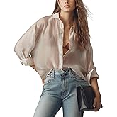 Wyeysyt Womens Shiny Sheer Blouse Top Sexy Mesh Shirt See Through Long Sleeve Shirts Button Down Collared Tops