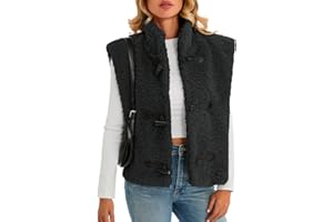 TANKANEO Tanakneo Womens Fuzzy Fleece Vest Cropped Sleeveless Sherpa Jacket Stand Collar Toggle Warm Outerwear Vest