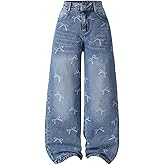 SHENHE Girl's Baggy Jeans Bow Print Wide Leg High Waisted Loose Y2k Jeans Denim Pants