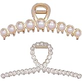 Rhinestone Hair Claw Clips, 4.4 Inch Vintage Metal Imitation Pearl Hair Jaw Clip for Women, Non Slip Hair Clamp Fashion Wedding Party Accessories Elegant Hair Decorations