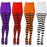 4 Pairs Halloween Striped Stockings Full Length Tights Stockings for Women Girls(Style Set 4, Adult Size)