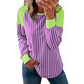 Acelitt Women Casual Striped Long Sleeve Crewneck Pullover Tshirts Tops,S-XXL