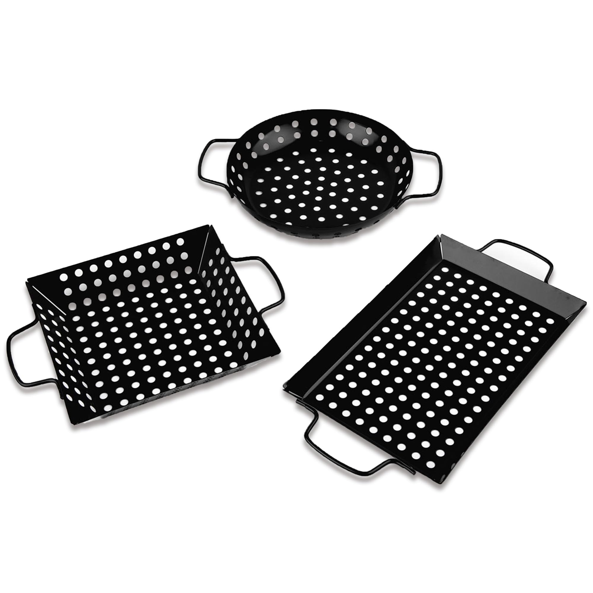 waykea 3-Piece Grill Baskets Set for Outdoor Grill, Long Lasting Non-stick BBQ Pan Set with Handles, Outdoor Grilling Accessory with Holes for Veggies & Meats, Camping Cookware for Grills & Smokers