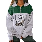 YANOOLH Women Novelty ALASKA Letter Print Sweatshirt Vintage Zipper Long Sleeve Loose Lapel Hoodie Pullover