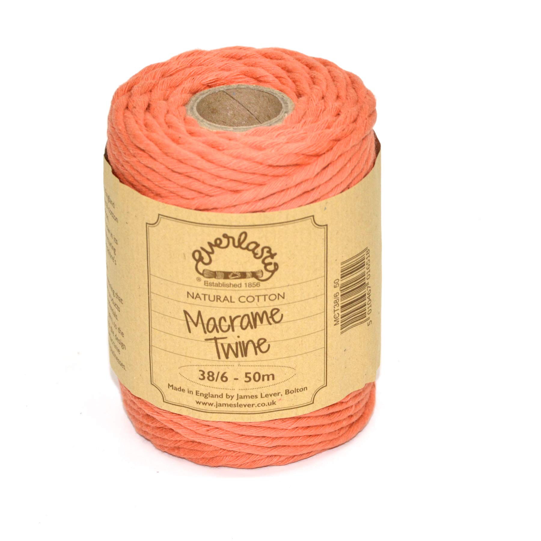 50M Spools - Everlasto Single Twist Soft Cotton Coloured Macrame Craft Twine 38/6 (4mm approx) (Tangerine)