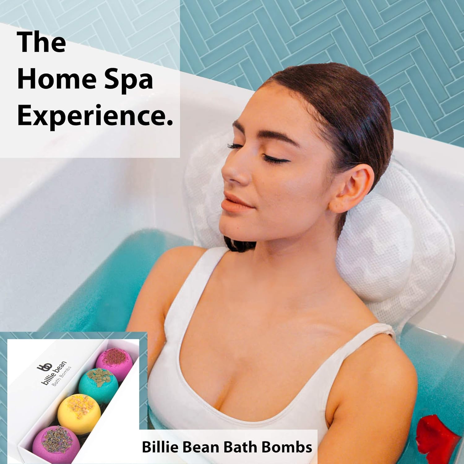 BILLIE BEAN Luxury Bath Pillow for Bathtub - 4 Bath Bombs Included - Extra Strong Suction Bath Pillows for Tub Neck and Back Support - A Relaxing Bathtub Pillow - Billie Bean Bath Accessories : Beauty