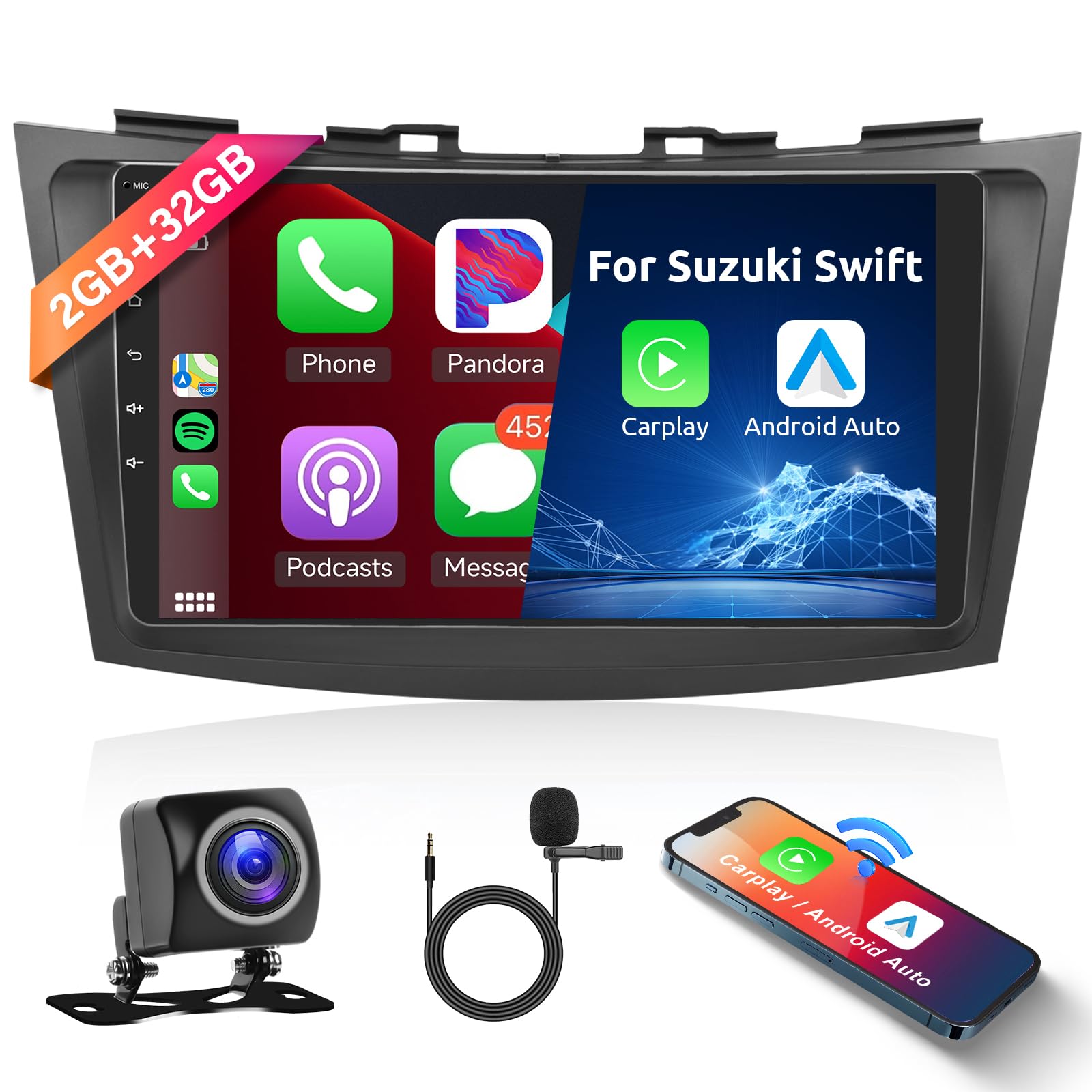 Hodozzy 2G 32G Android Car Stereo For Suzuki Swift 4 2011-2015, Carplay Android Auto, Double Din 9 Inch Touch Screen Car Radio With GPS Navi WiFi Mirror Link Bluetooth FM RDS EQ SWC Backup Camera Mic