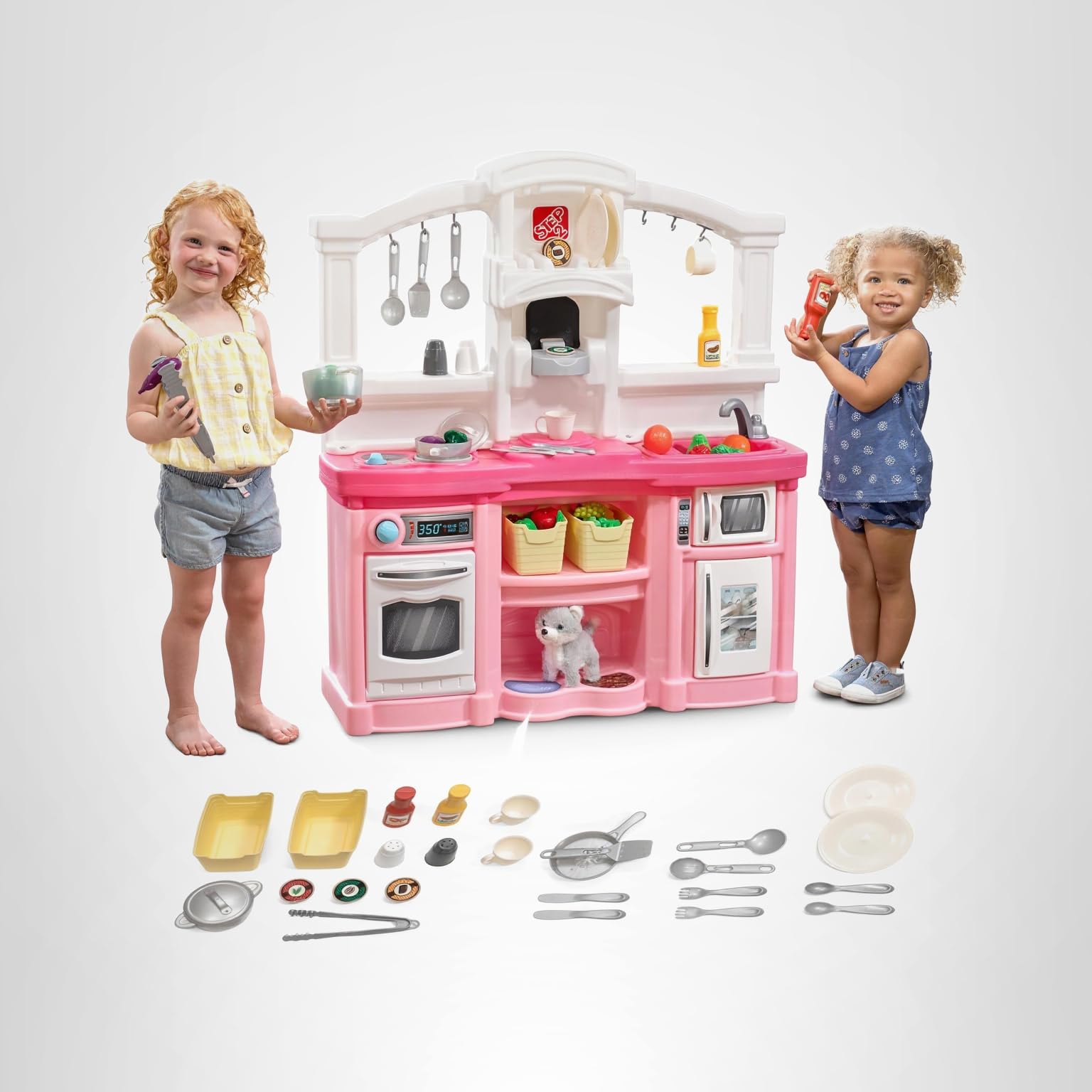 Step2 Fun with Friends Kids Kitchen Playset, Indoor/Outdoor Kitchenette, Interactive Play with Lights and Sounds, Durable Plastic, Includes 25 Piece Toy Accessories, Toddlers 2+ Years Old, Pink