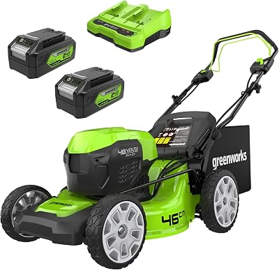 Greenworks 48V Self Propelled Lawnmower 46cm 55L Bag 4Ah Batteries Twin Charger