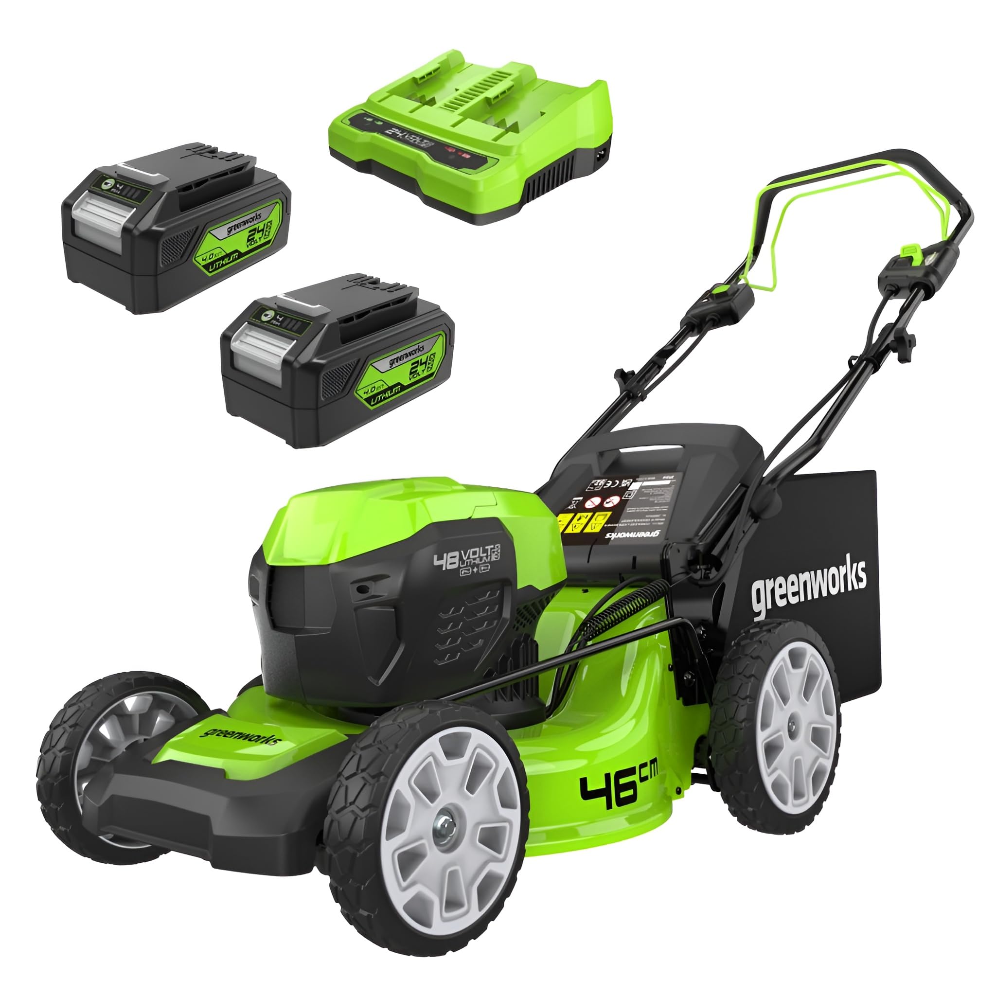 Greenworks 48V (2x24V) Self Propelled Cordless Lawnmower for Large Lawns up to 480m2, 46cm Cutting Width, 55LBag PLUS Two 4Ah Batteries and Twin Charger, 3 Year Guarantee GD24X2LM46SPK4X