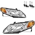 KarSpareHub Headlights Assembly for 2006-2011 Honda Civic 4-Door Headlamp Replacement Chrome Housing Driver & Passenger Side