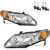 KarSpareHub Headlights Assembly for 2006-2011 Honda Civic 4-Door | Headlights Assembly with High/Low Beam Bulbs, Headlamp Replacement Chrome Housing Driver &amp; Passenger Side (NOT fit 2-Door)