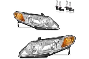 KarSpareHub Headlights Assembly for 2006-2011 Honda Civic 4-Door Headlamp Replacement Chrome Housing Driver & Passenger Side 