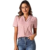 Allegra K Casual Blouse for Women Button Down Short Sleeve V Neck Floral Print Notch Lapel Blouse Dressy Summer Outfits