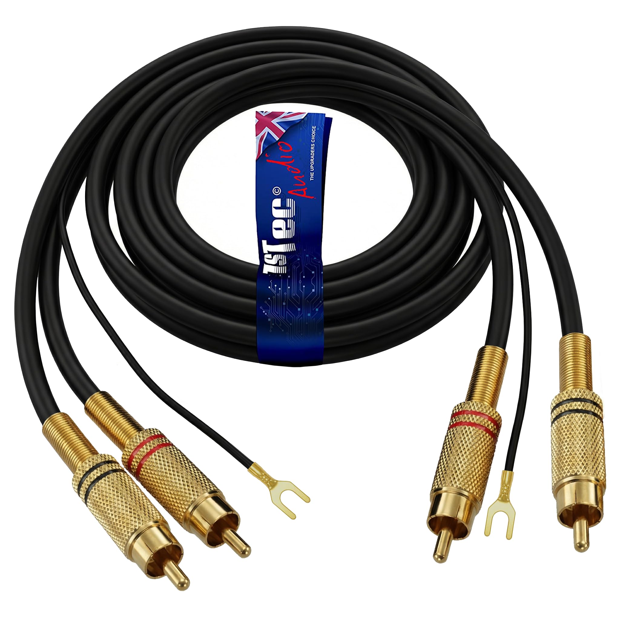 1STec 5m Vinyl Player Cable with Twin Red & White Moulded RCA Plugs Dedicated Earth Wire Shielded OFC Conductors stops Hum Humming Buzz Buzzing Feedback Noise from your HiFi speakers (5 Metre)