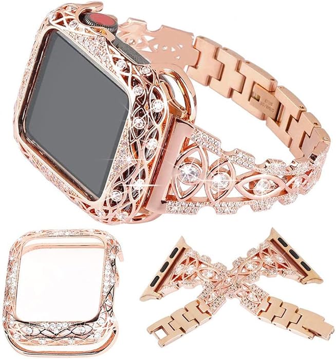 KoudHug Bling Bands and Case Compatible with Apple Watch 38mm 40mm 42mm 44mm iWatch SE Series 6 5 4 3 2 1, Jewelry Rhinestone Bracelet Replacement Strap for Women Girls (Rose Gold, 42/44)