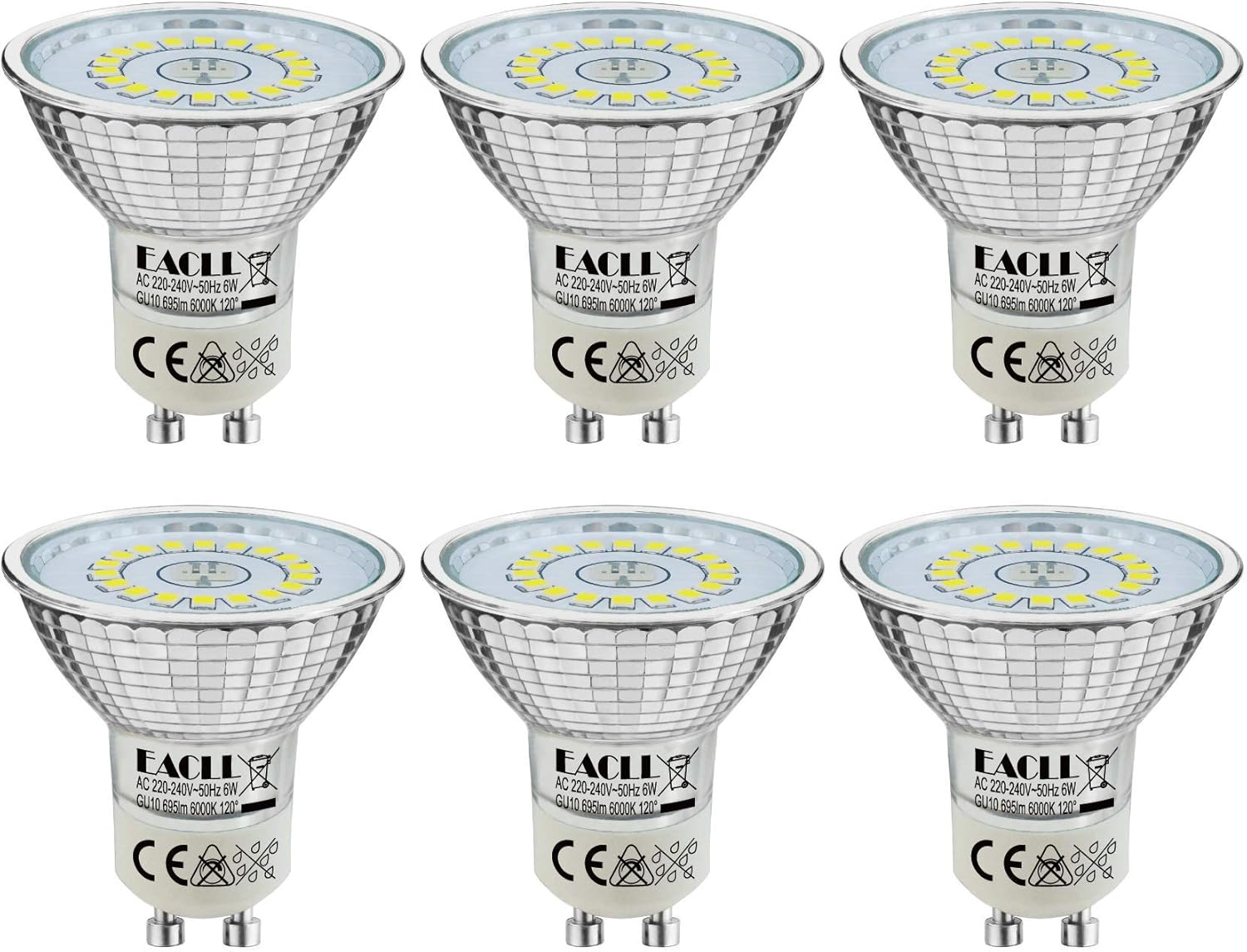 EACLL GU10 LED Bulb Cool White 6W Equivalent 90W Halogen, 6-Pack, 850 Lumens 6000K, AC 230V No Flicker Spotlight
