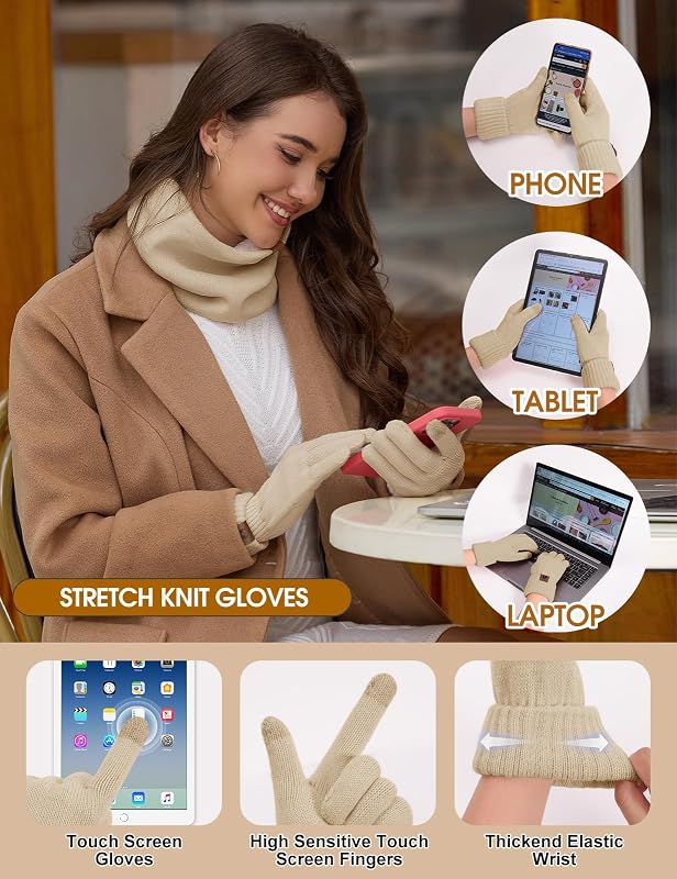 Gorro Bufanda y Guantes Set 5PCS Mujer Invierno Gorro Conjunto Sombreros Bufandas Cálida Caliente Pantalla táctil Guantes Orejeras de Felpa Calcetines Térmicos 5 Piezas Set (Caqui, One Size)