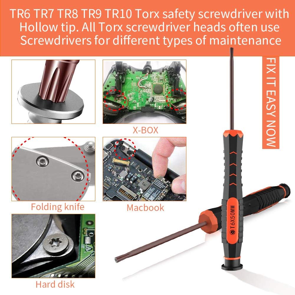 XBRdepot Torx Screwdrivers Set T2 T3 T4 T5 T6 T7 T8 T9 T10 Security Torx Bits Star DIY Repair Kit ESD Tweezers for Xbox PS4 Macbook Laptop Computer Doorbell Folding Knife HDD - Video Game Accessory Kits - 