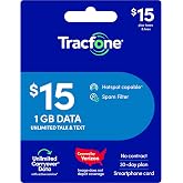 Tracfone $15 Unlimited Talk &amp; Text, 1 GB of Data / 30 Days (Physical Card)
