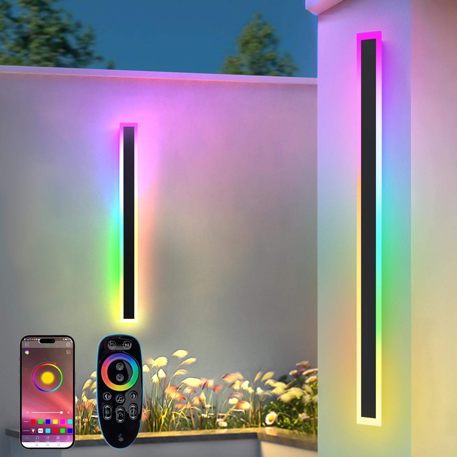 Photo 1 of Zihoi 2 Pack Outdoor RGB Long Wall Lights, 70.8inch Wall Lights RGB/Warm/White Dimmable Modern Led Wall Lighting, Ip65 Waterproof Wall Sconce with Remote APP Control for Outdoor/Indoor Party Gathering