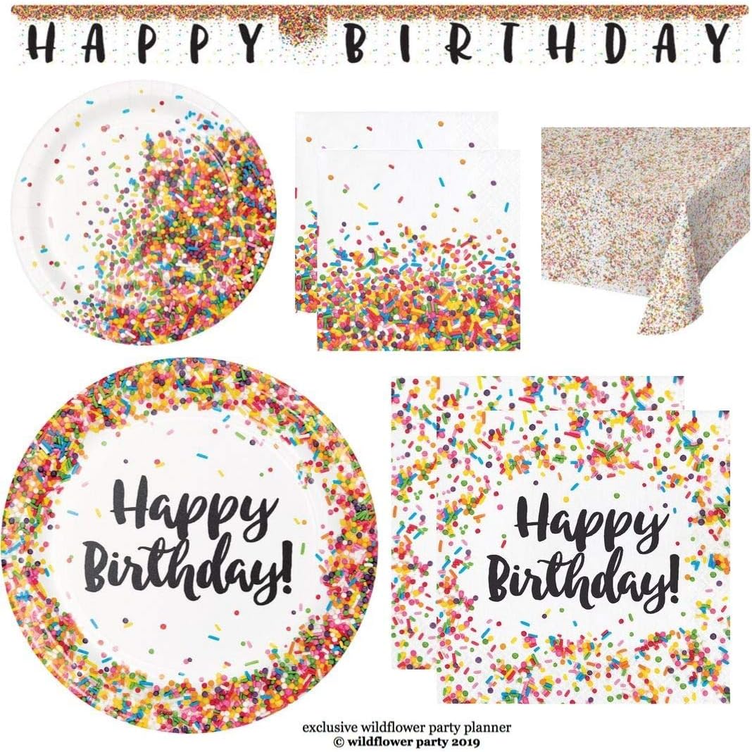 Confetti Sprinkles Birthday Party Supplies, Tableware for 16: Dinner Plates, Dessert Plates, Napkins, Table Cover, Happy Birthday Banner, Wildflower Party Planner