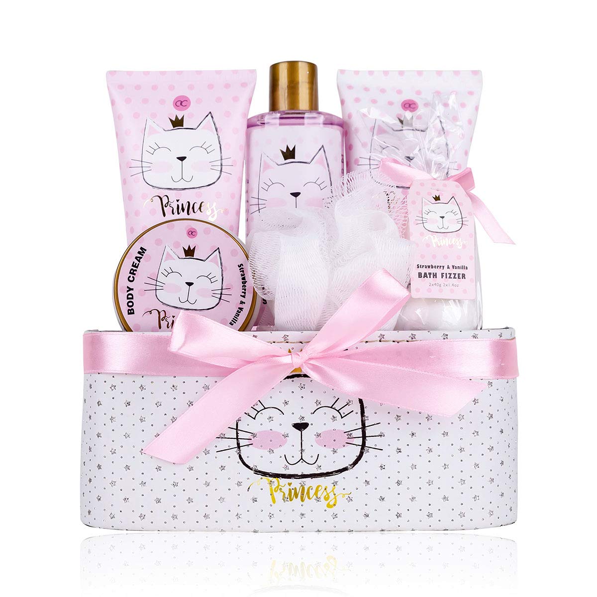 Accentra Princess Kitty Gift Set for Girls & Women - 7 Piece Shower Set with Bubble Bath, Exfoliating, Shower Gel, Body Lotion & More - Strawberry & Vanilla Fragrance in Sweet Gift Box