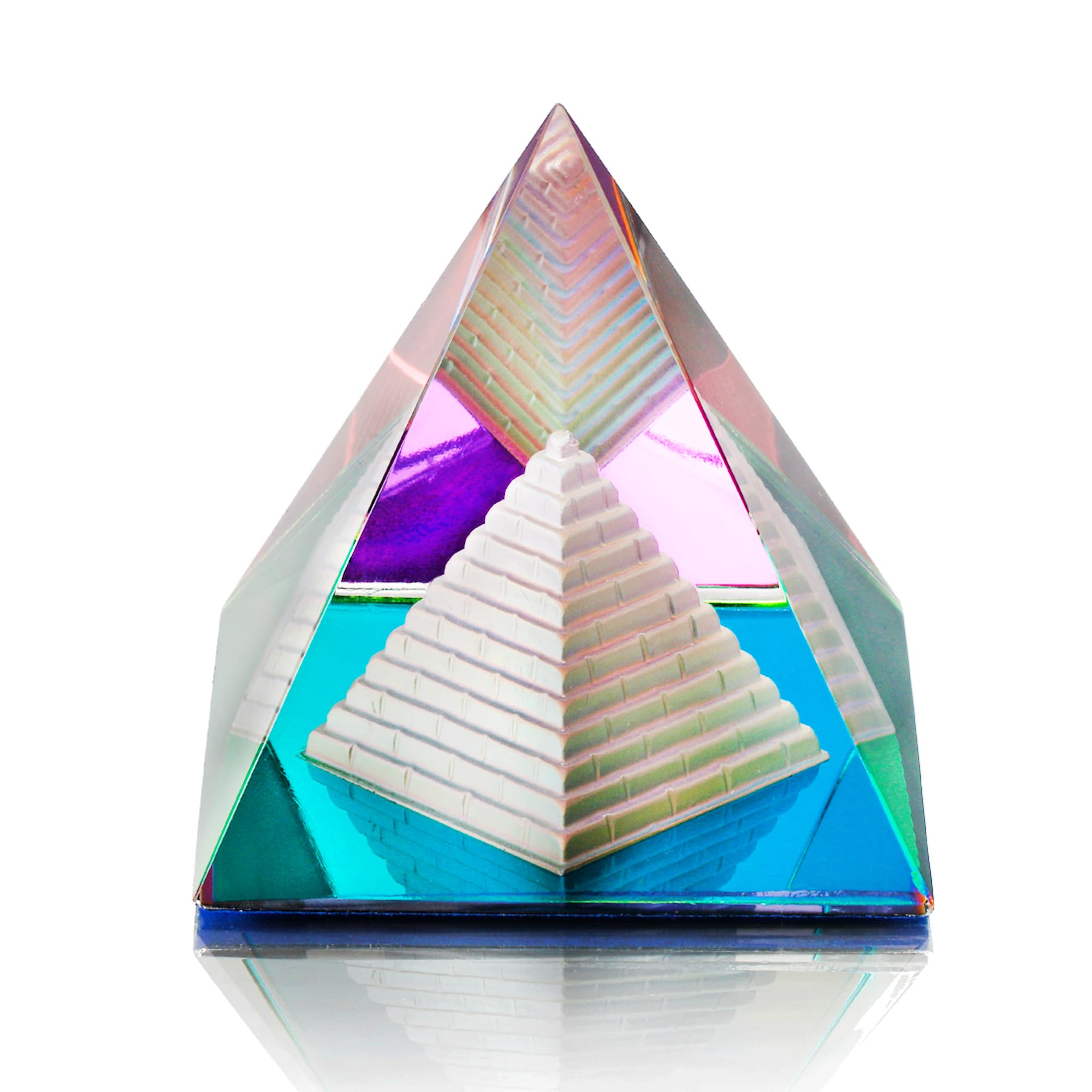 QFkris Crystal Pyramid Figurine Collectible, Rainbow Color Prism Desk Ornament Glass Paperweight with Gift Box for Decoration (80mm / 3.1inches)