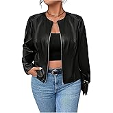 SweatyRocks Women's Plus Size Faux Leather Zip Up Jacket Fall Winter Long Sleeve Outerwear Coat
